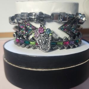Multicolor Crystal Hematite Stretch Bracelet Set with Floral Skull Charm